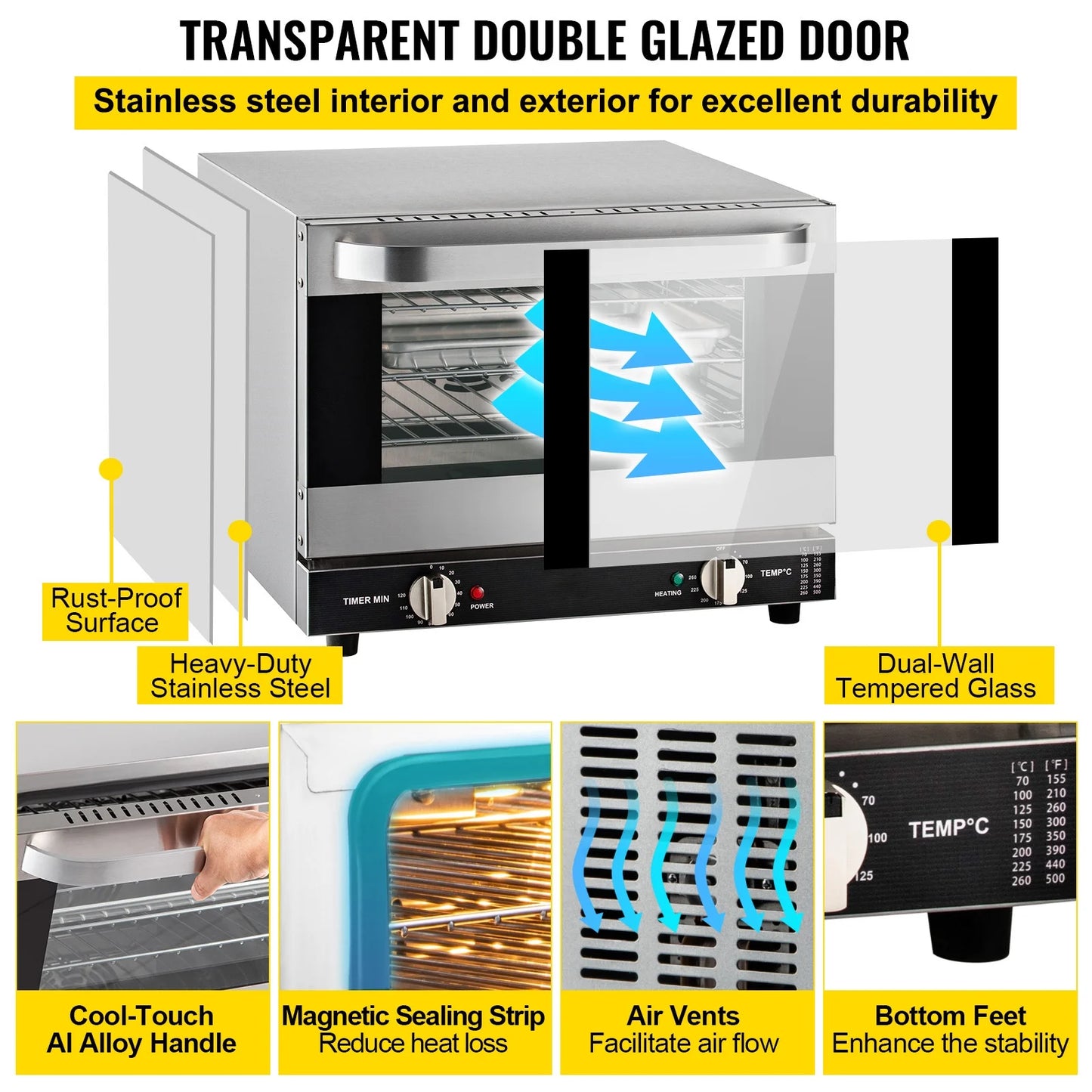 KFFKFF Commercial Convection Oven, 21L/19Qt, Quarter-Size Conventional Oven Countertop, 1440W 3-Tier Toaster w/Front Glass Door, Electric Baking Oven w/Trays Wire Racks Clip Gloves