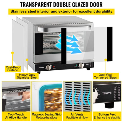 KFFKFF Commercial Convection Oven, 21L/19Qt, Quarter-Size Conventional Oven Countertop, 1440W 3-Tier Toaster w/Front Glass Door, Electric Baking Oven w/Trays Wire Racks Clip Gloves