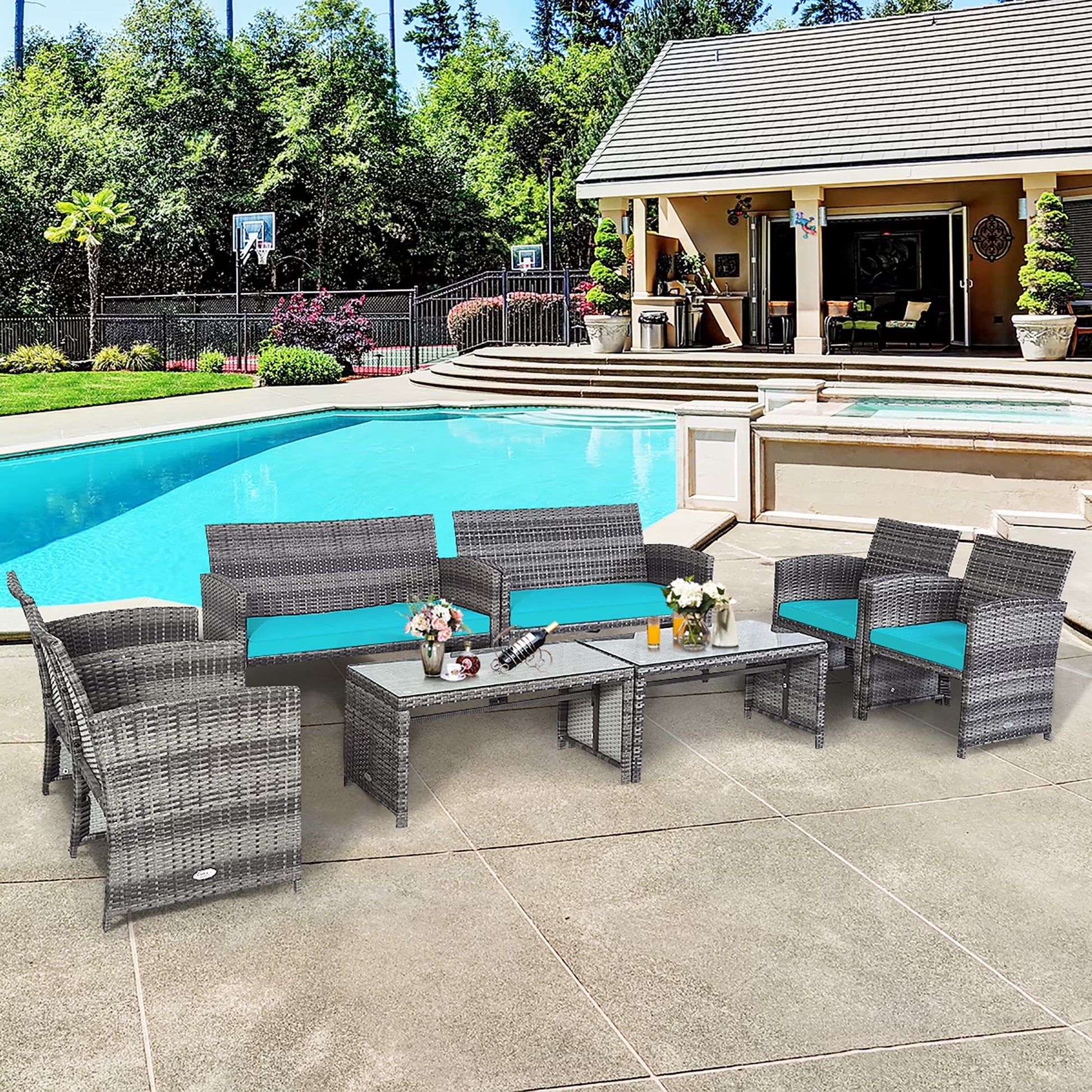 Costway 8PCS Patio Rattan Furniture Set Conversation Glass Table Top Sofa Cushioned Navy