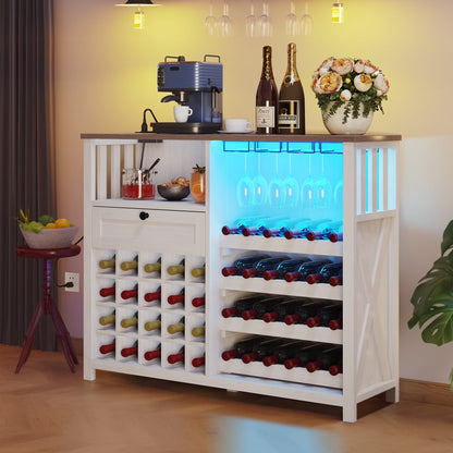 DWVO 47" Wine Bar Cabinet, Wine Cabinet with Charging Station and 16 Adjustable LED Light for Kitchen Living Room, Wine Bar Stand for Liquor and Glasses, Rustic Brown