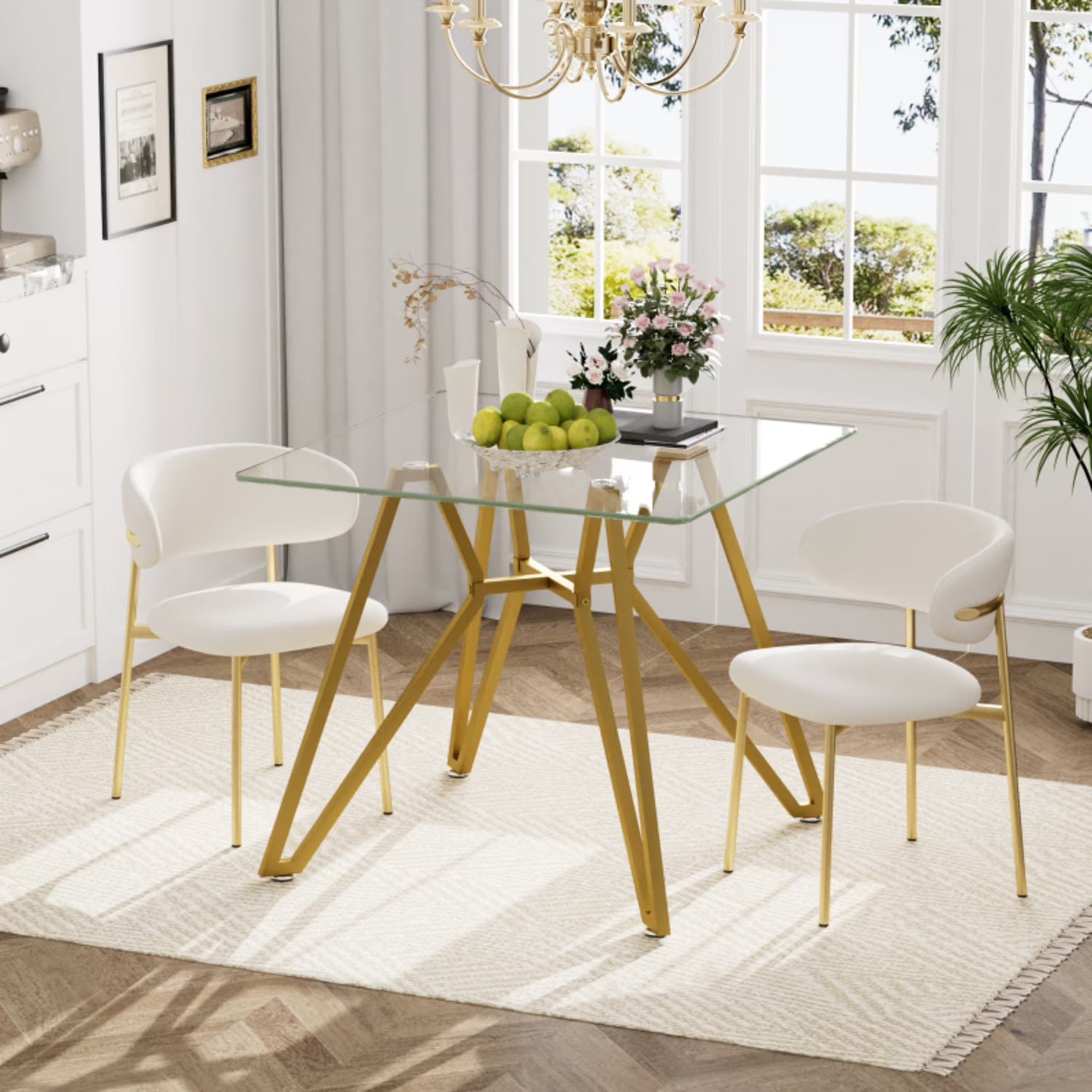 35.4 Inch Square Tempered Glass Dining Table Suitable For 2 To 4 People Space Saving Small Kitchen Dining Table Equipped With Sturdy Metal Table Legs Suitable For Dining Room Living Room Gold