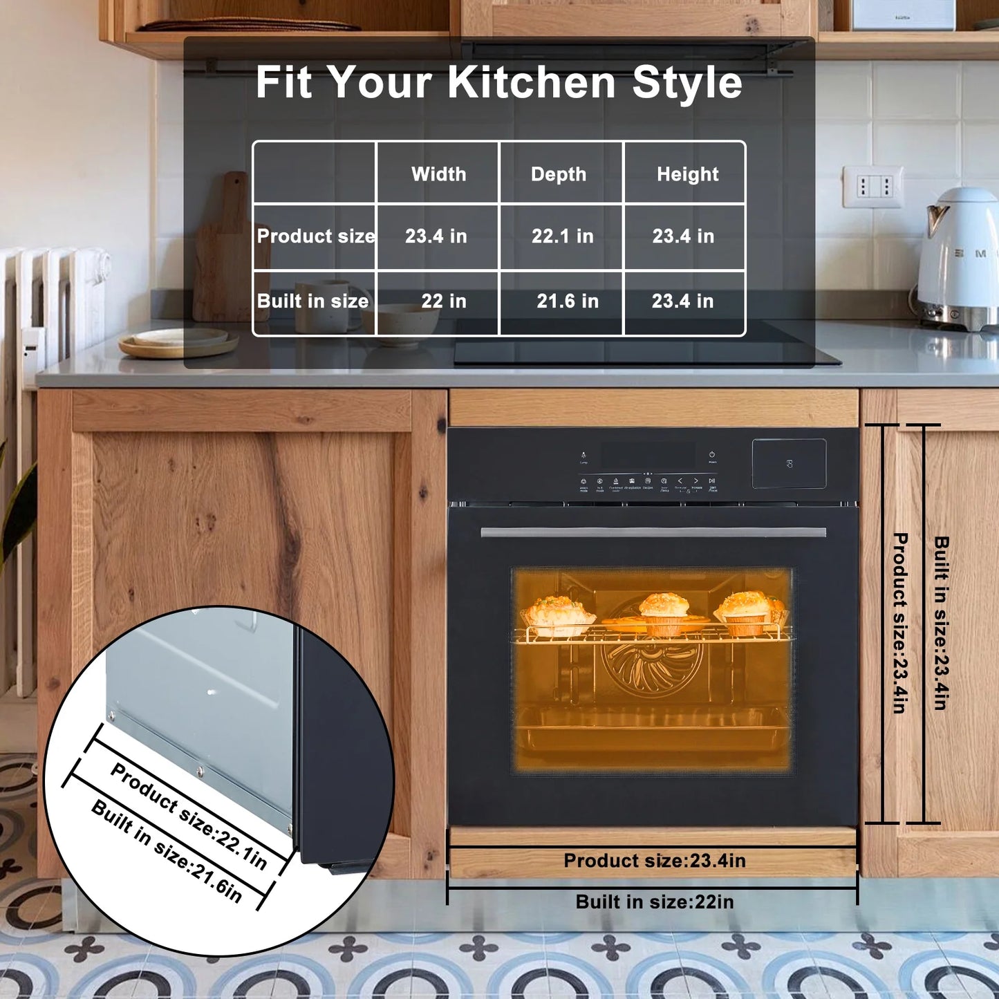 24" Electric Single Wall Oven - 70L Convection Oven with Air Frying, 2.5Cu.ft with 8 Baking Modes, 3D Surround Heating, Double-Layered Glass Door, Touch Control, Timer