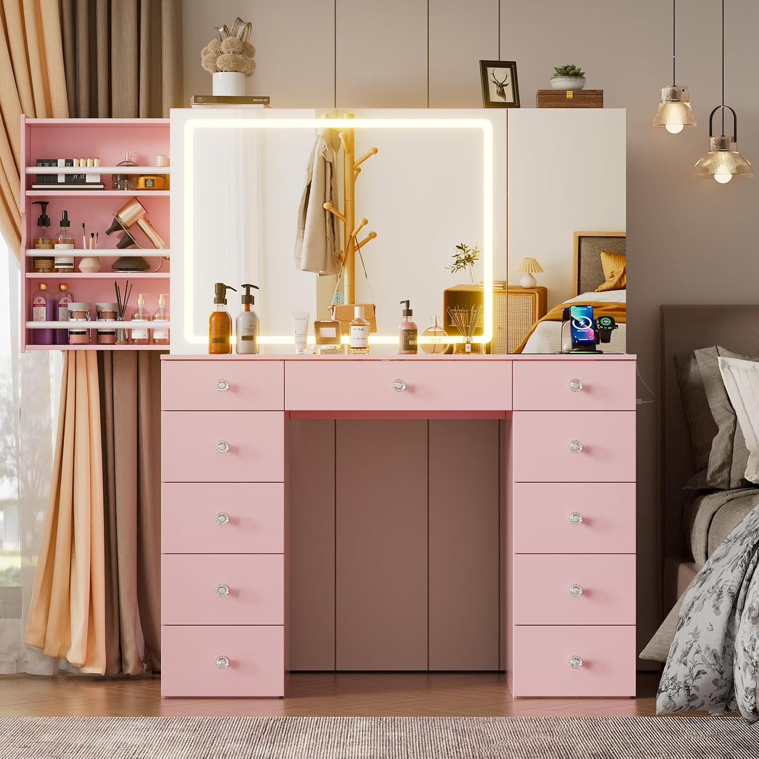 PAKASEPT Vanity Set with Lighted Mirror, Large Vanity Desk with Charging Station, Makeup Vanity Table with 11 Drawers & Hidden Sliding Storage Cabinet & Visible Glass Tabletop for Bedroom (White)