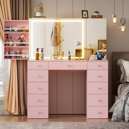 PAKASEPT Vanity Set with Lighted Mirror, Large Vanity Desk with Charging Station, Makeup Vanity Table with 11 Drawers & Hidden Sliding Storage Cabinet & Visible Glass Tabletop for Bedroom (White)