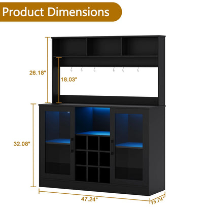Bar Cabinet with LED Lights, Home Coffee Cabinet with Wine and Glass Rack, Buffet Sideboard with Storage Shelf for Kitchen, Modern Liquor Cabinet for Home, Black