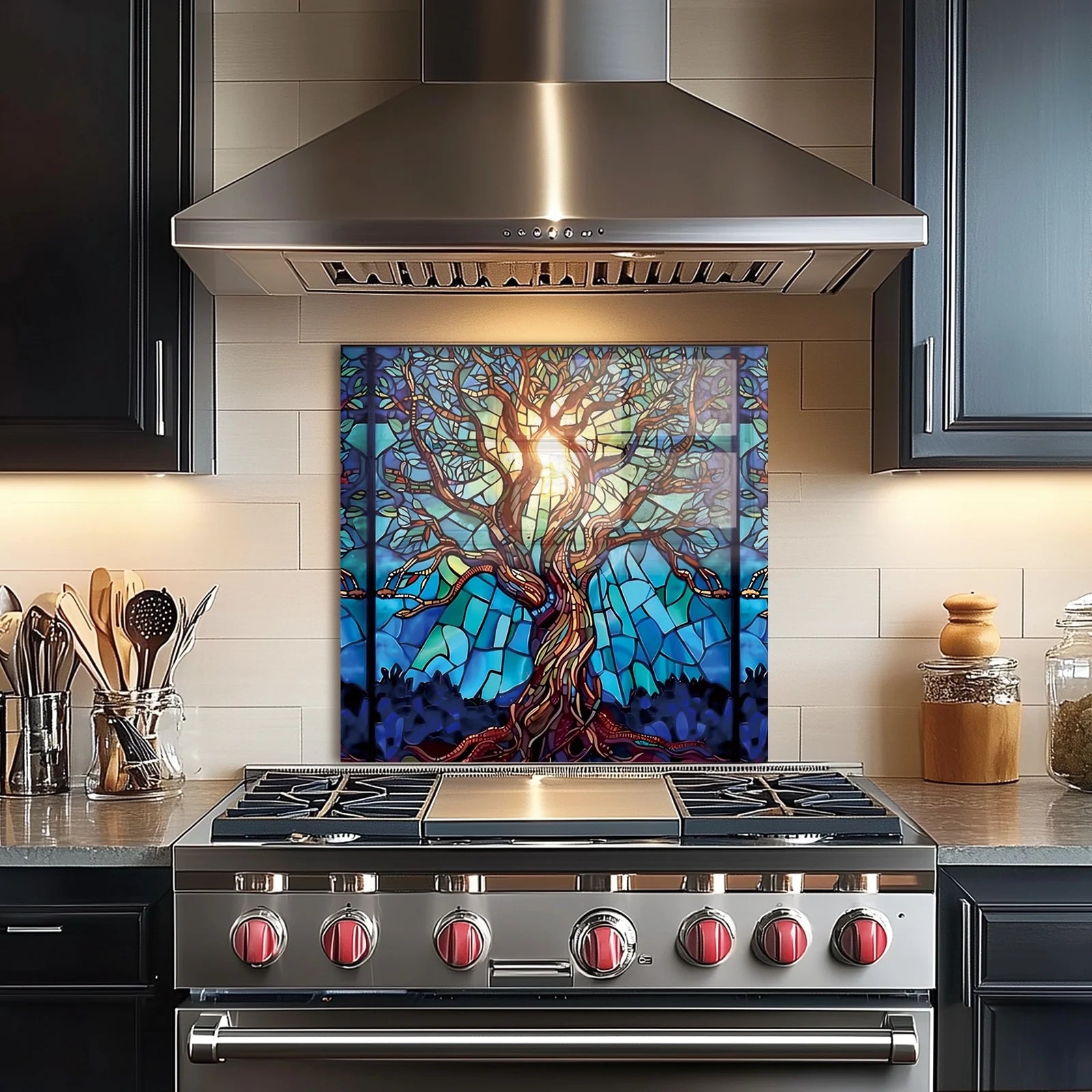 Mosaic Tree of Life Tempered Glass Backsplash For Kitchen Behind Stove,Stove Back Top Cover,Easy to Clean Glass Splashback, Sink Cover Splash Guard,Home Kitchen Wall Decor