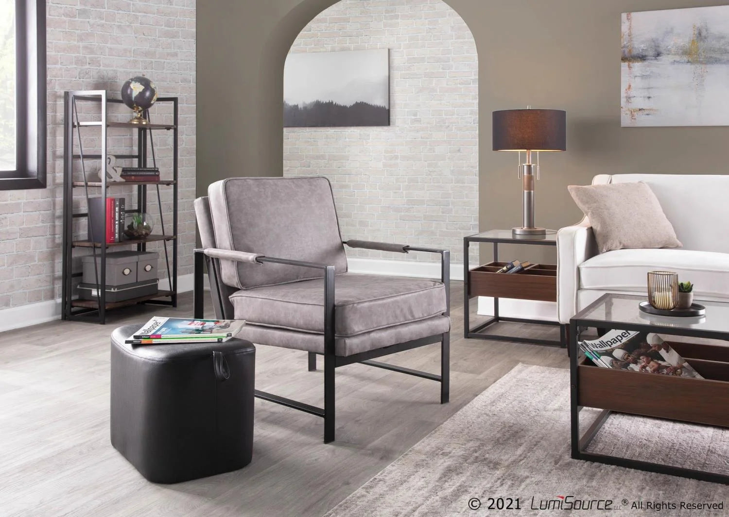 LumiSource Black Steel, Walnut Wood, Clear Glass Display Coffee Table