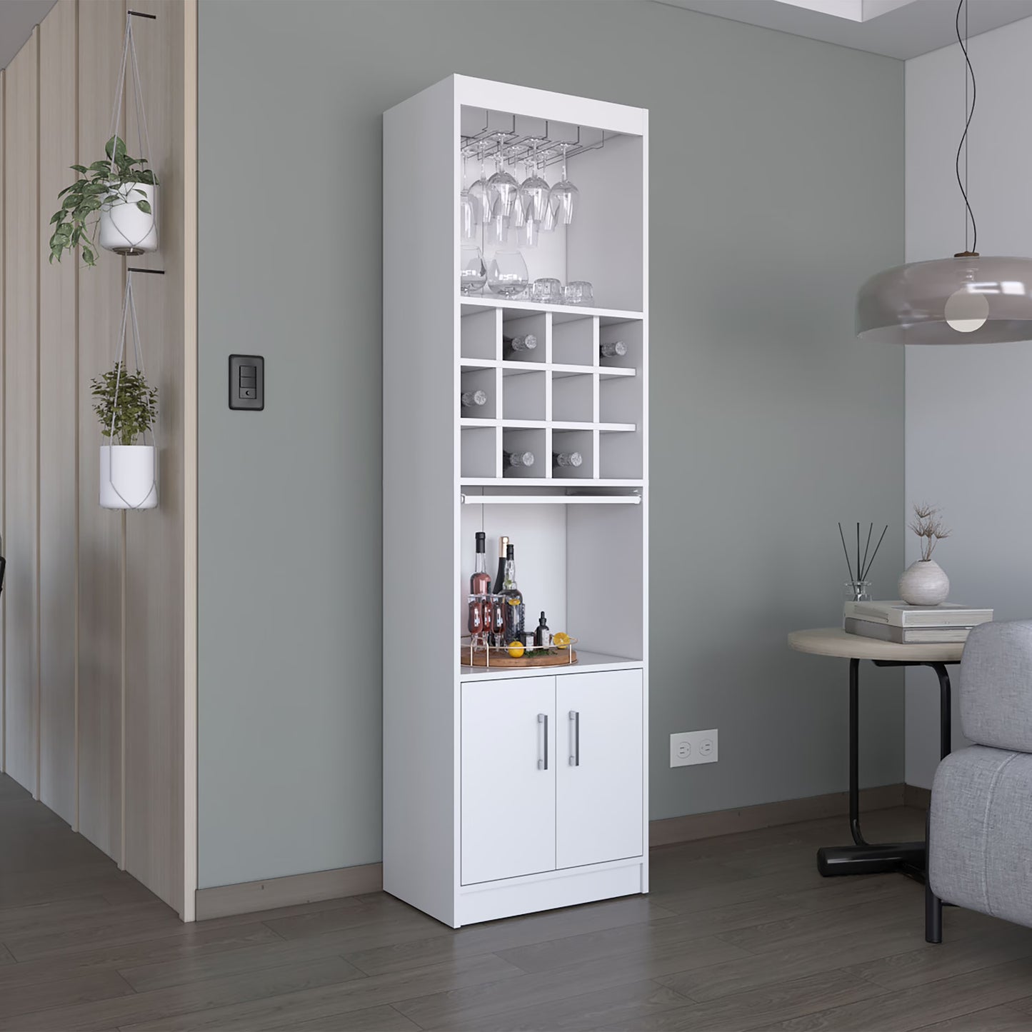 Royard Oaktree 71.1" Tall Bar Cabinet with 12-bottle Cubbies and Glass Holder, Freestanding Liquor Cabinet with Doors, Stemware Rack, Shelves, and Pull Out Tray for Living Room, Kitchen, White