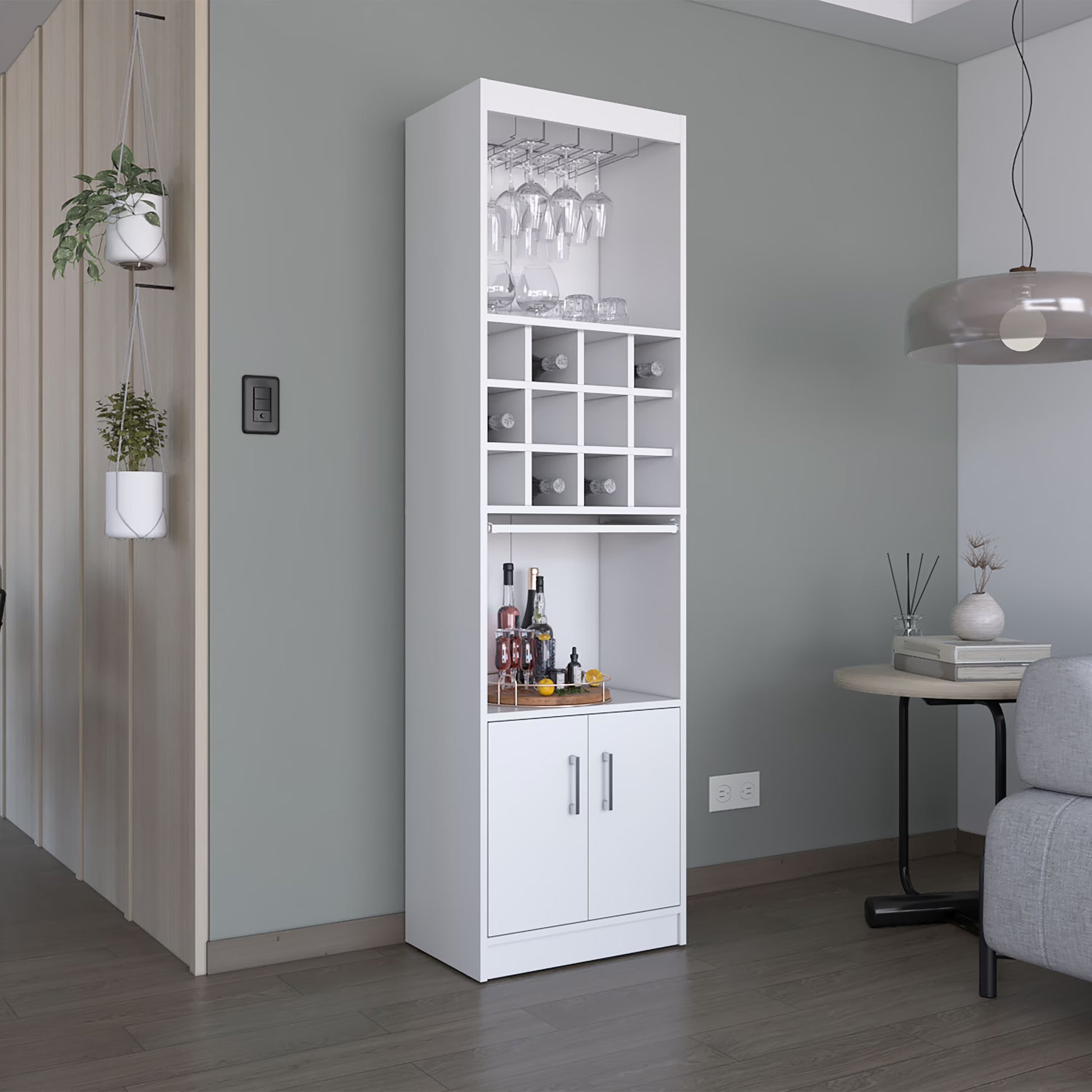 Royard Oaktree 71.1" Tall Bar Cabinet with 12-bottle Cubbies and Glass Holder, Freestanding Liquor Cabinet with Doors, Stemware Rack, Shelves, and Pull Out Tray for Living Room, Kitchen, White