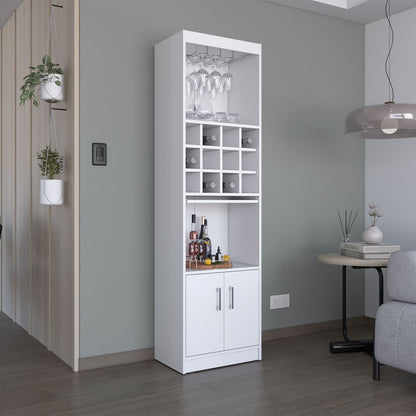 Royard Oaktree 71.1" Tall Bar Cabinet with 12-bottle Cubbies and Glass Holder, Freestanding Liquor Cabinet with Doors, Stemware Rack, Shelves, and Pull Out Tray for Living Room, Kitchen, White
