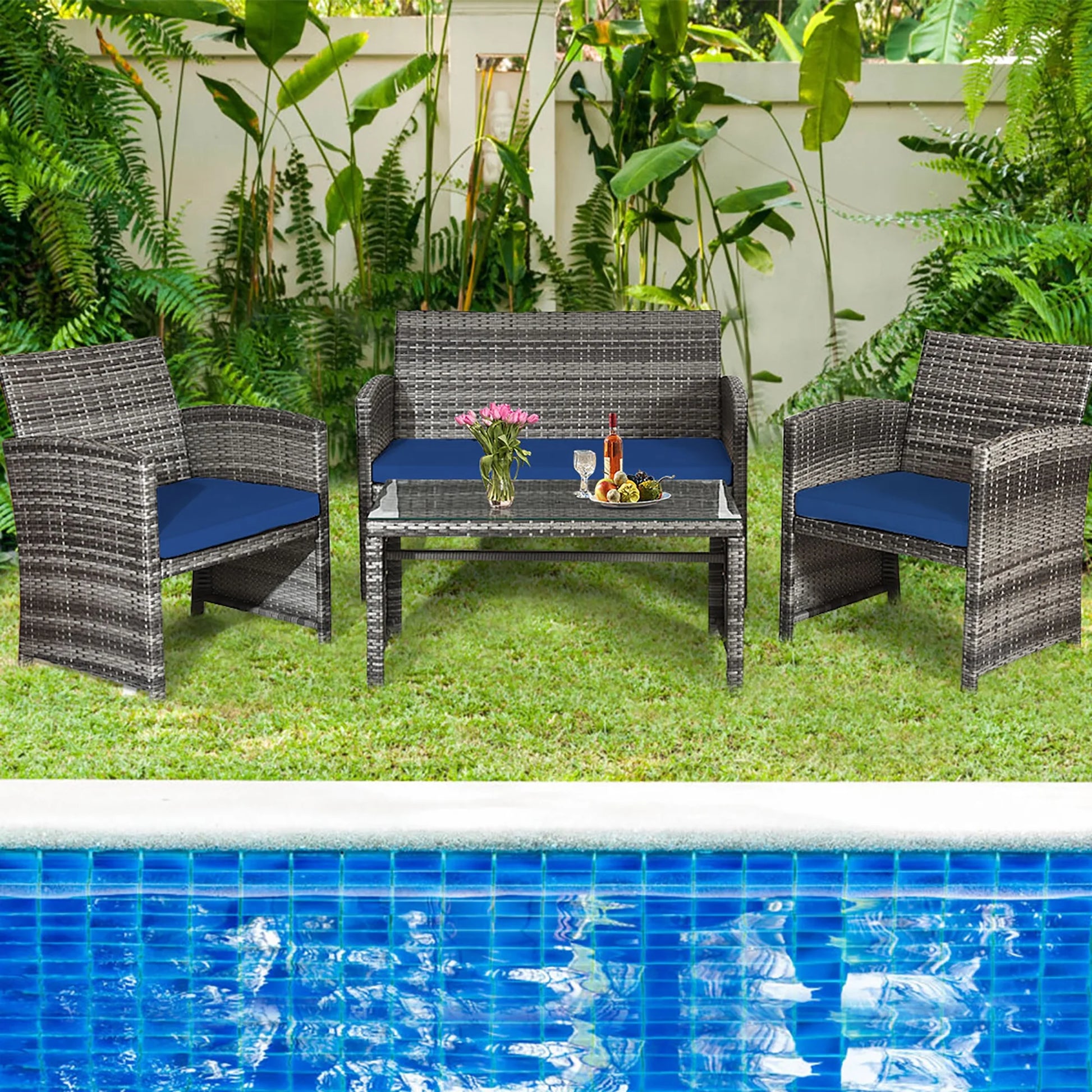 Costway 8PCS Patio Rattan Furniture Set Conversation Glass Table Top Sofa Cushioned Navy