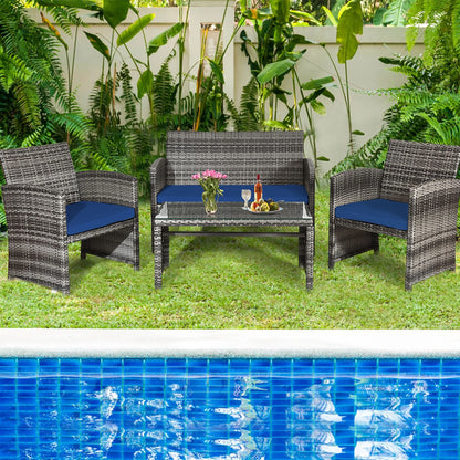 Costway 8PCS Patio Rattan Furniture Set Conversation Glass Table Top Sofa Cushioned Navy