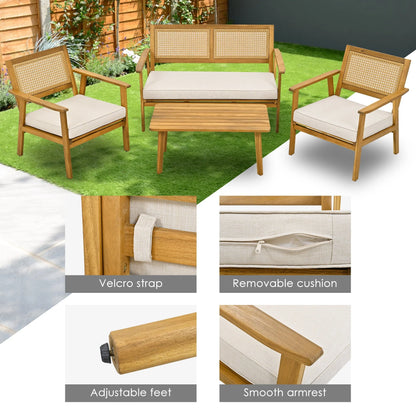 4 Piece Outdoor Patio Furniture Sets All Weather Outdoor Sofa PE Garden Furniture Wicker Rattan Patio Conversation Set with Glass Table & Beige Cushions