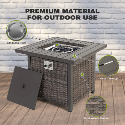 Nuu Garden Square 30" Outdoor Propane Fire Pit Table, 50,000 BTU Gas Fire Pit with Lid, Hand-Woven Wicker, with Glass Beads and CSA Certification