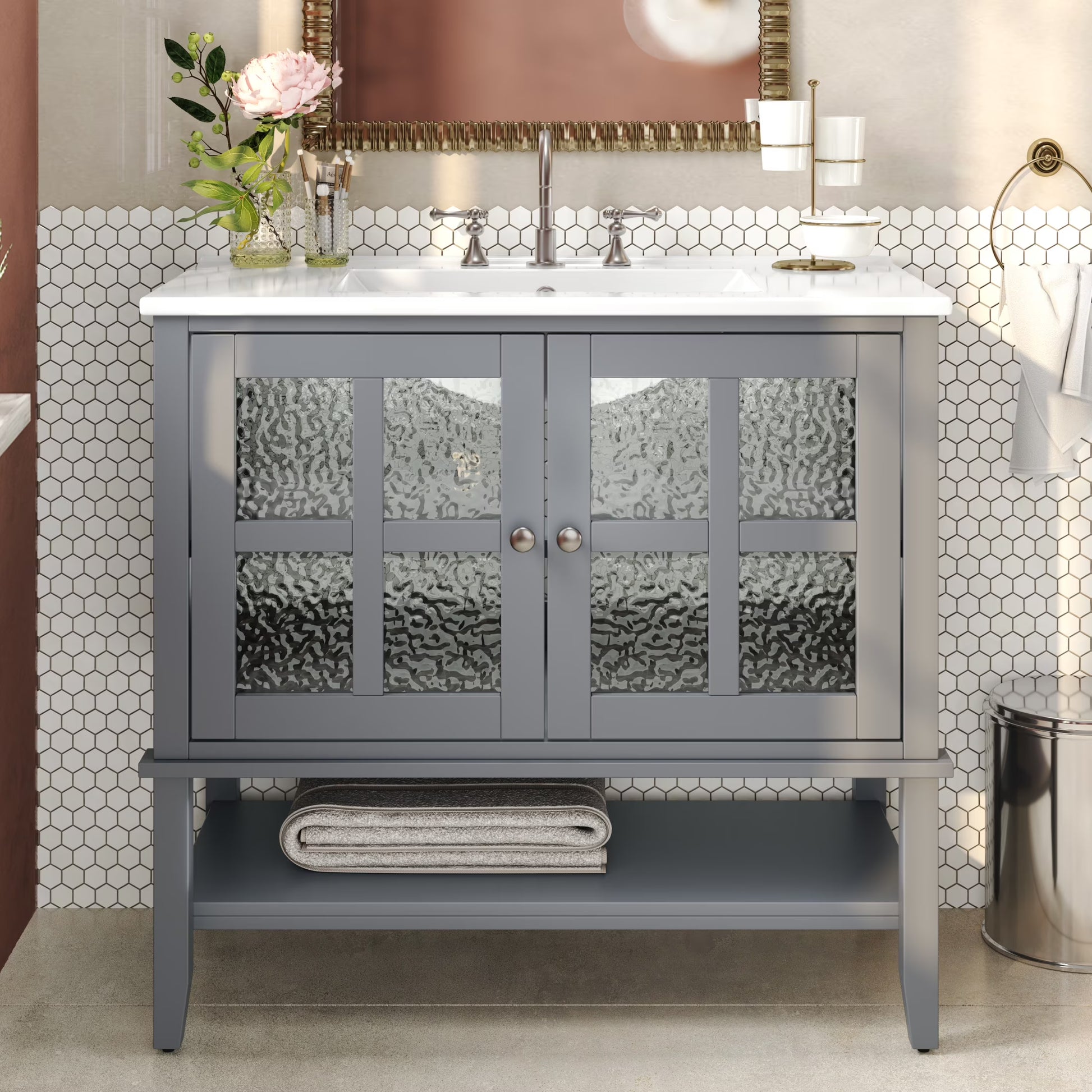 Christopher Knight Home 36" Bathroom Vanity with Sink, Textured Glass Doors, Open Shelf, White