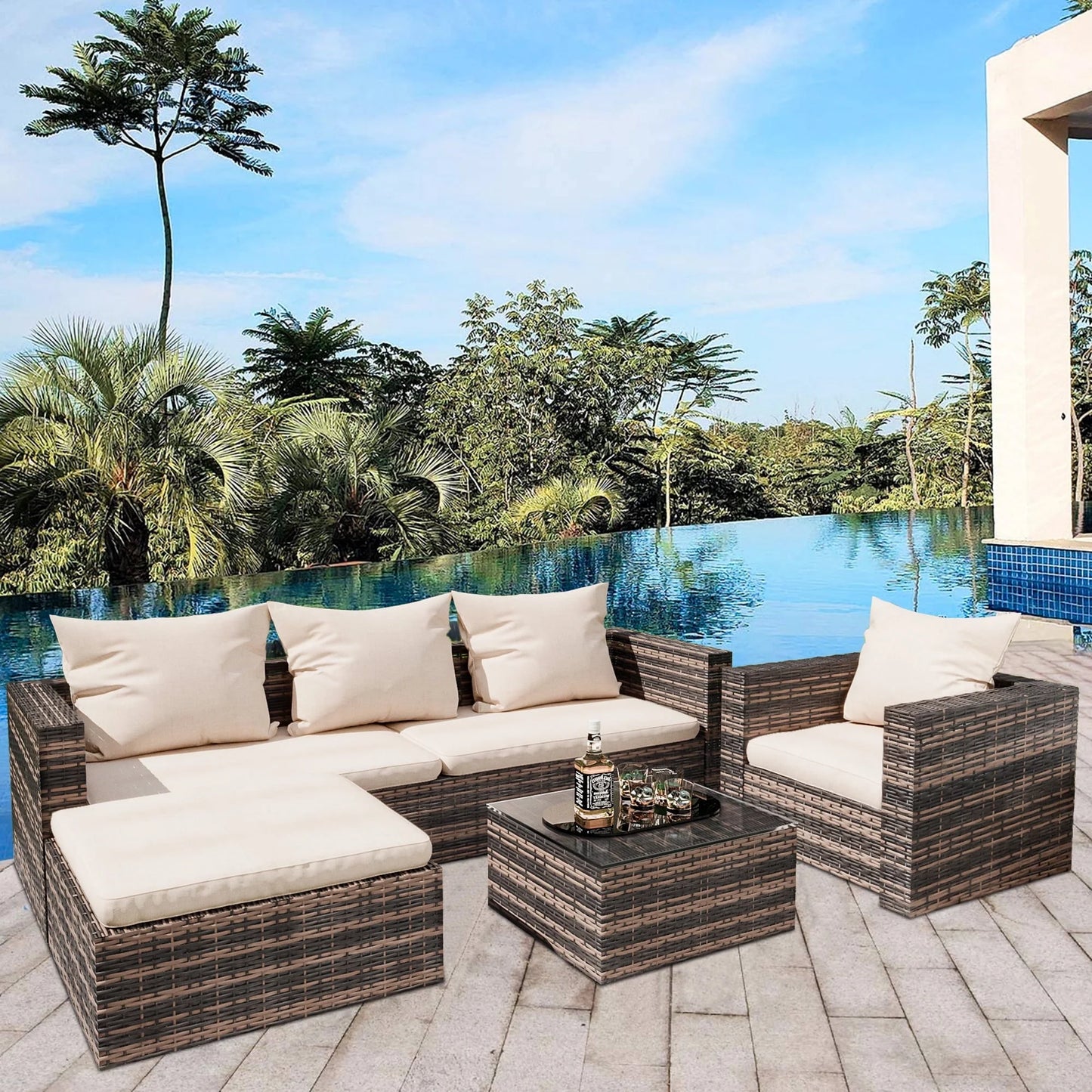 Rattan Patio Sofa Set, 4 Pieces Outdoor Sectional Furniture Set, All-Weather PE Rattan Wicker Patio Conversation Set, Cushioned Sofa Set with Glass Table & Pillows for Patio Garden Poolside Deck, B626