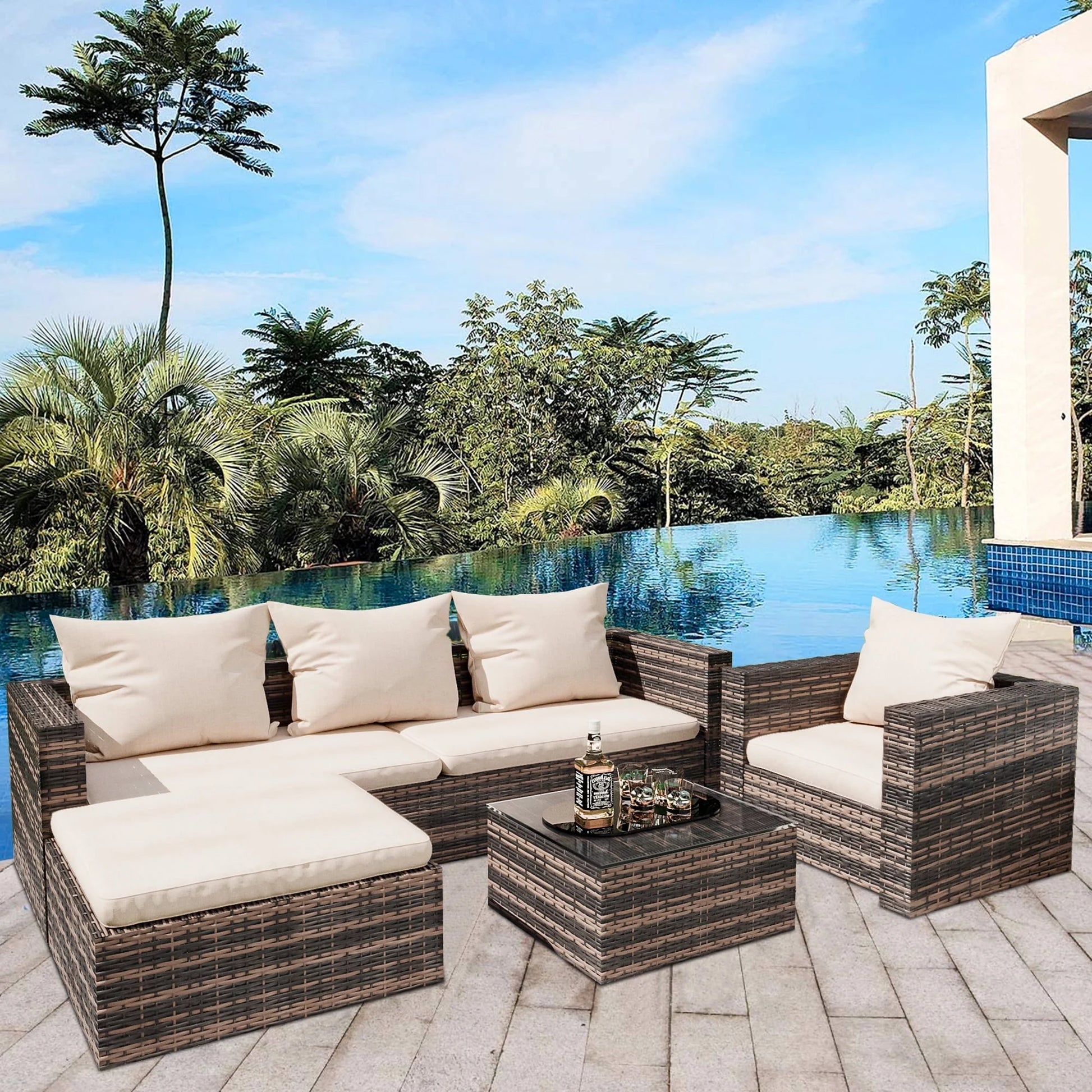 Rattan Patio Sofa Set, 4 Pieces Outdoor Sectional Furniture Set, All-Weather PE Rattan Wicker Patio Conversation Set, Cushioned Sofa Set with Glass Table & Pillows for Patio Garden Poolside Deck, B626