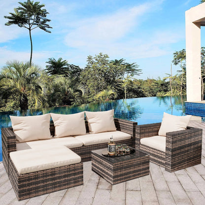 Rattan Patio Sofa Set, 4 Pieces Outdoor Sectional Furniture Set, All-Weather PE Rattan Wicker Patio Conversation Set, Cushioned Sofa Set with Glass Table & Pillows for Patio Garden Poolside Deck, B626