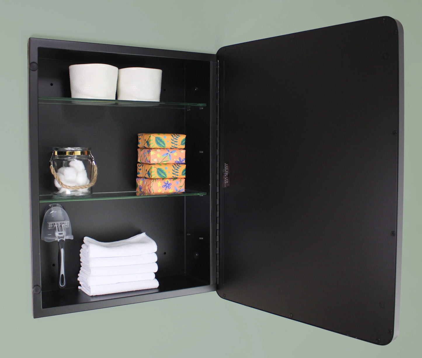 16x20 Austin Farmhouse Metal Framed Rounded Rectangle Recessed Bathroom Medicine Cabinet, Beveled Mirror, 14x18 in-Wall Opening, Powder-coated Steel, Adjustable Glass Shelves, Magnet Close, Black