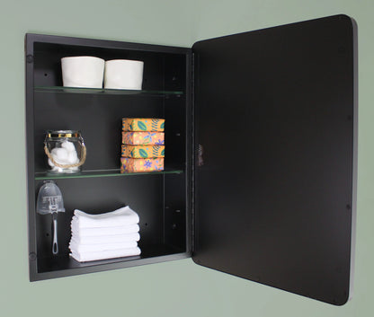 16x20 Austin Farmhouse Metal Framed Rounded Rectangle Recessed Bathroom Medicine Cabinet, Beveled Mirror, 14x18 in-Wall Opening, Powder-coated Steel, Adjustable Glass Shelves, Magnet Close, Black