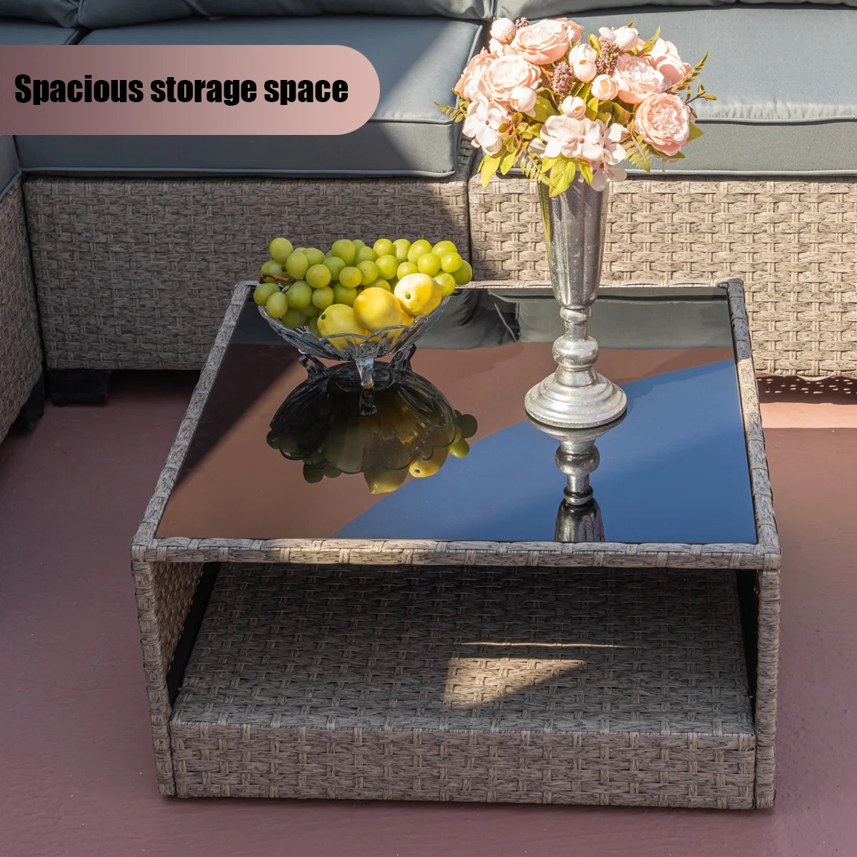 12-Piece Outdoor Wicker Patio Sectional Sofa Set with Cushions and Glass Coffee Table, Modular Design