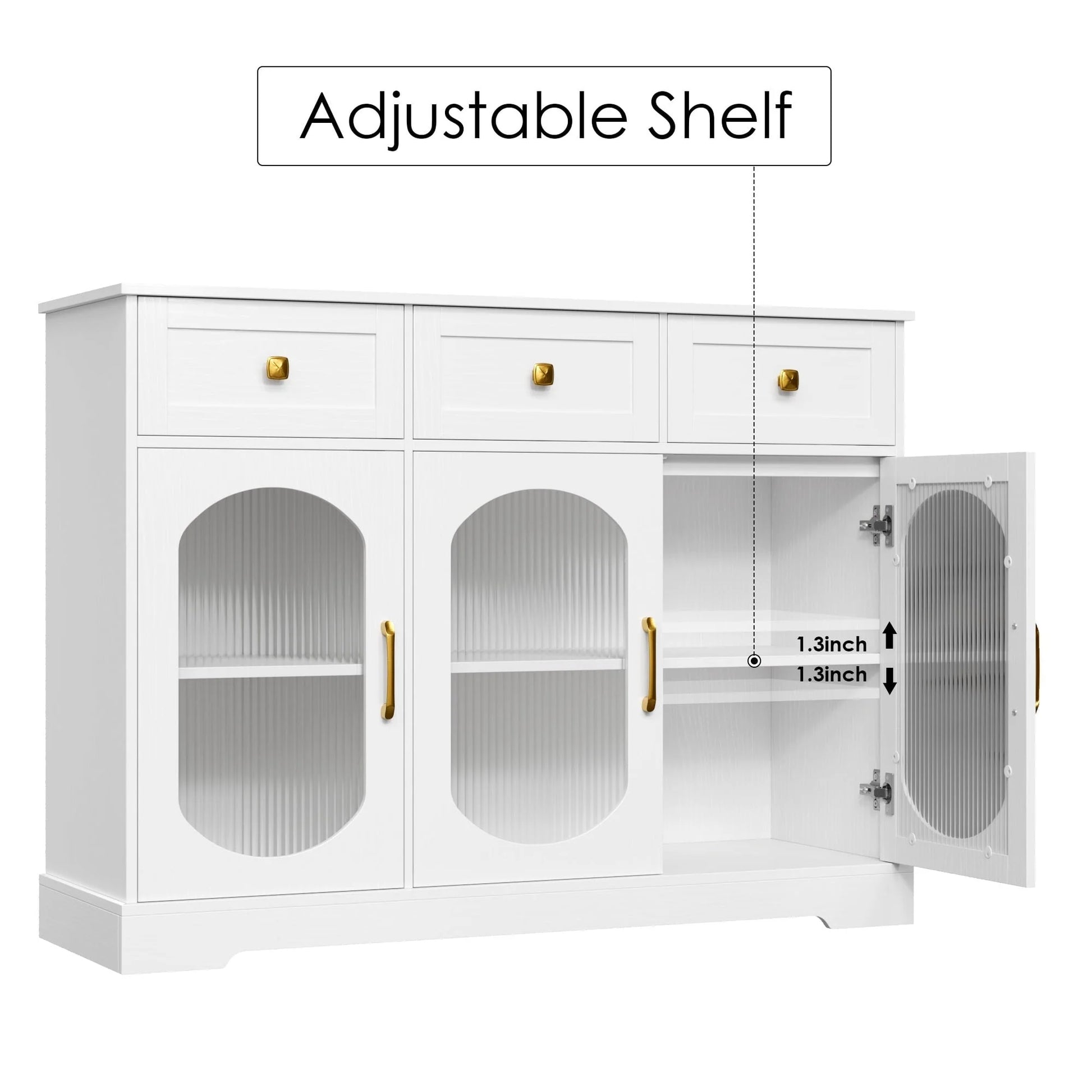 Homfa 3 Drawer Buffet Cabinet with 3 Curved Glass Doors, 47.2''W Kitchen Sideboard with Adjustable Shelf, White