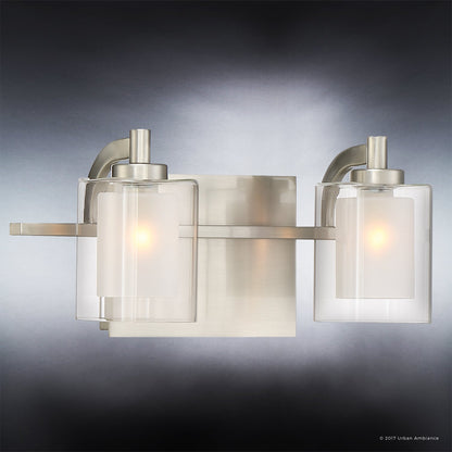 Urban Ambiance Luxury Modern Bathroom Vanity Light, Medium Size: 6"H x 13"W, with Posh Style Elements, Brushed Nickel Finish and Sand Blasted Inner Glass, Clear Outer Glass, UQL2400