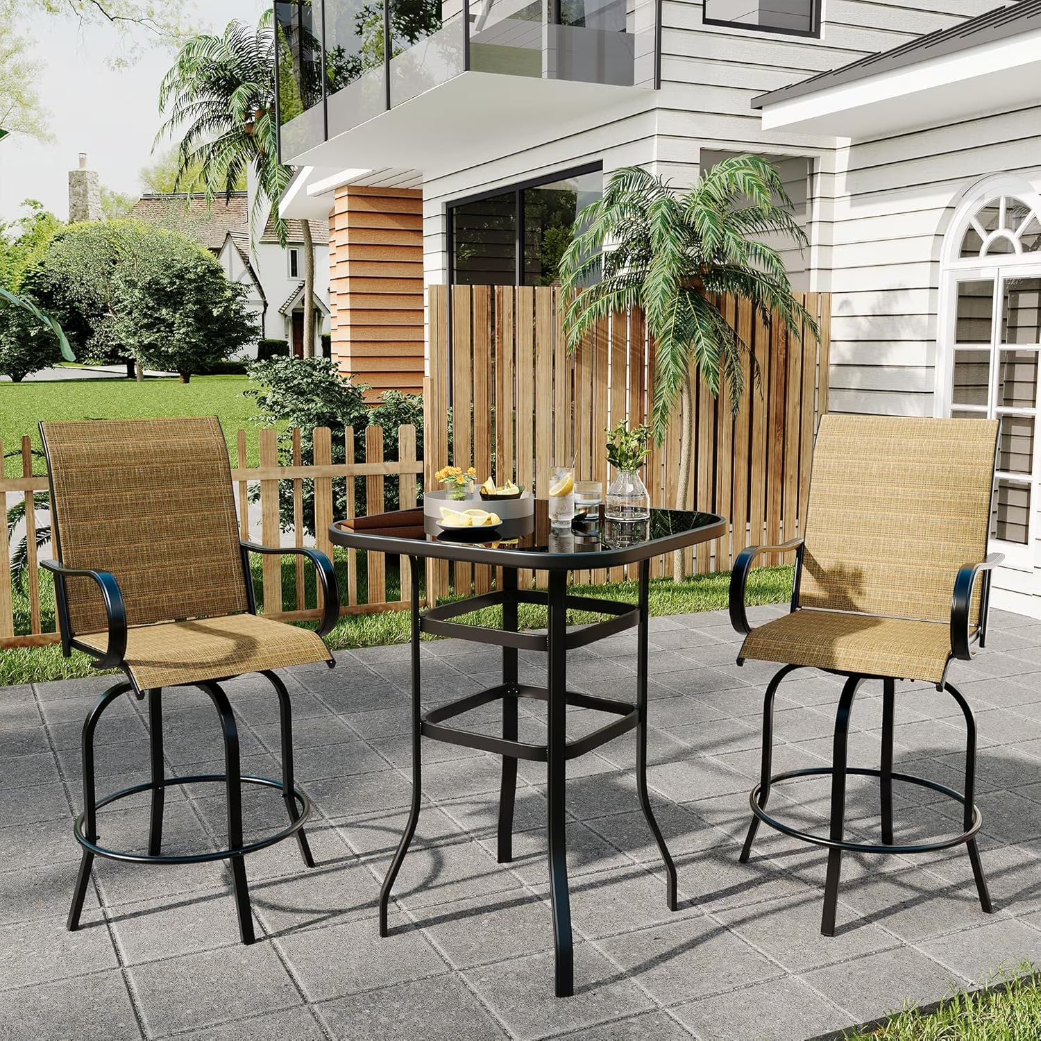 Garvee Outdoor Bar Table with Tempered Glass, Square High-Top Patio Bistro Table, Metal Frame Bar Height Table for Backyard, Poolside, Garden & Balcony