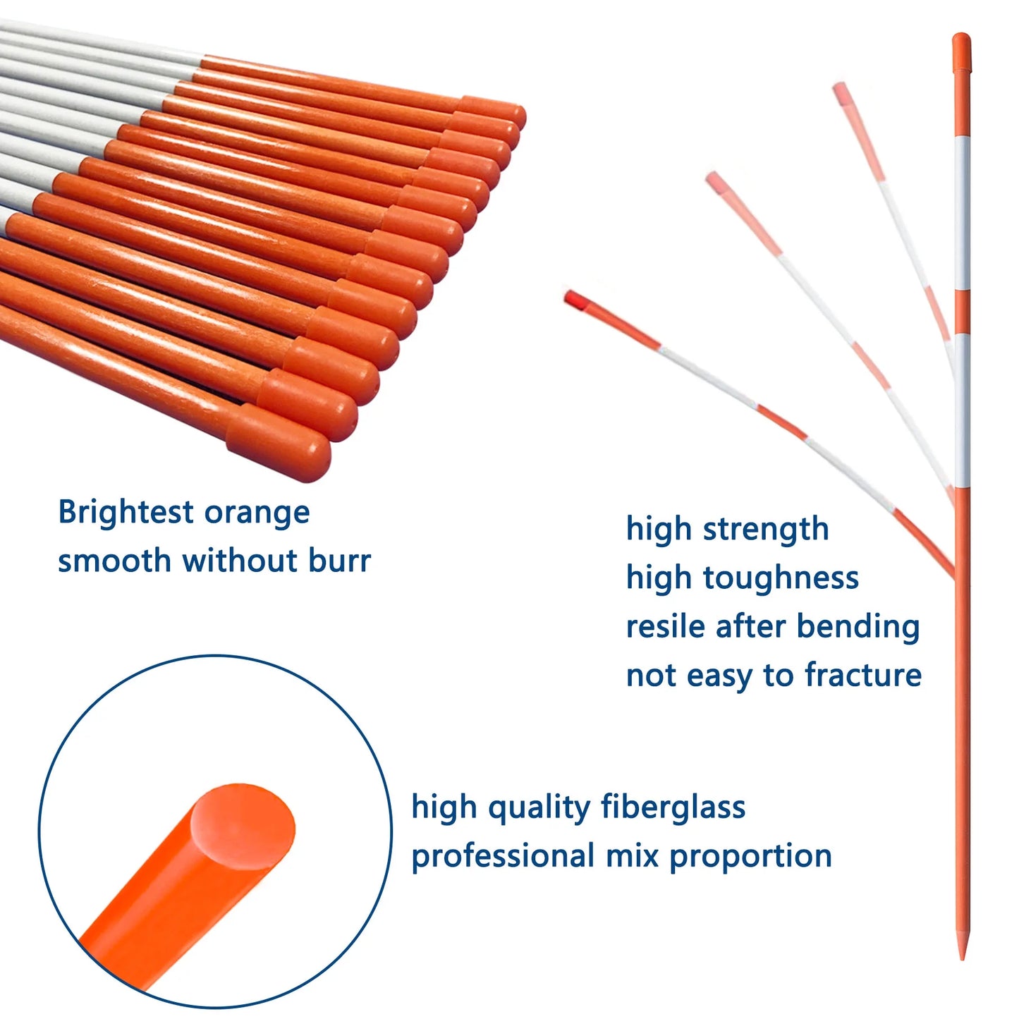 100-Pack 72" Inch Snow Stakes Driveway Markers Poles Snow Plow Stakes Fiberglass 5/16 Inch Diameter Orange with Two 9.8" Reflective Tapes