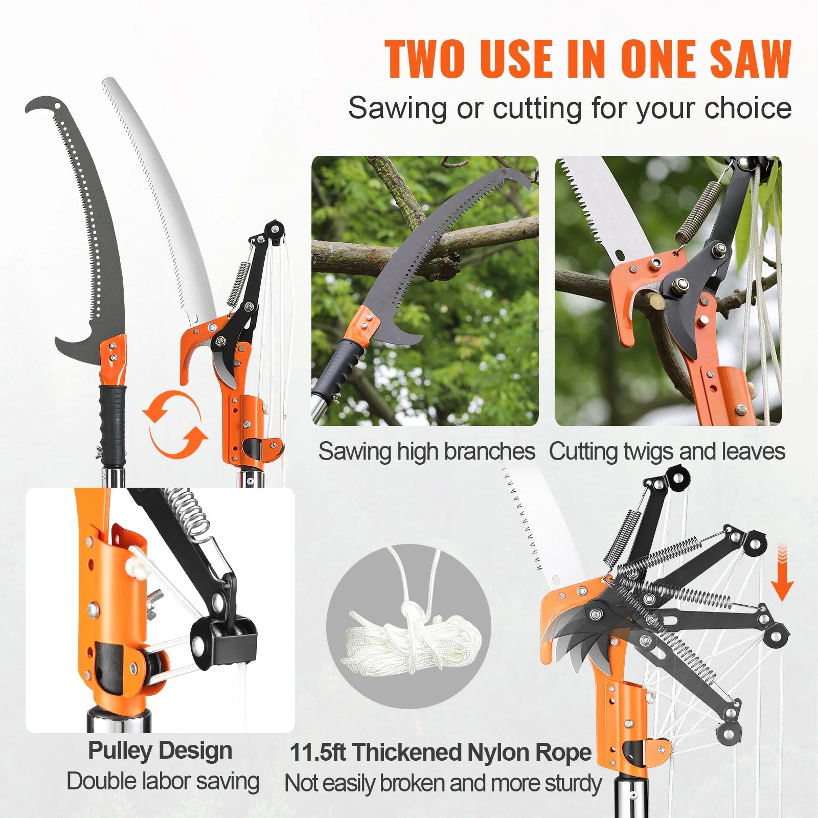 KFFKFF Manual Pole Saw Extendable Tree Pruner 7.3-27 ft Fiberglass Pole Scissors