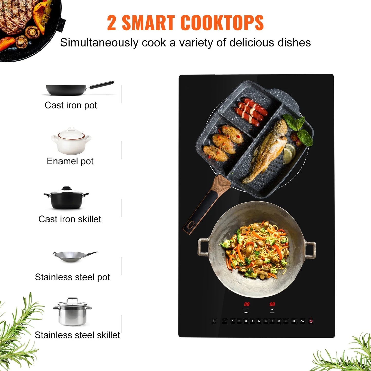 KFFKFF 12'' Built-in Induction Electric Stove Top ,2 Burners Multifunctional Burner Electric Cooktop,9 Heating Level & Sensor Touch Control, Easy to Clean Ceramic Glass Surface