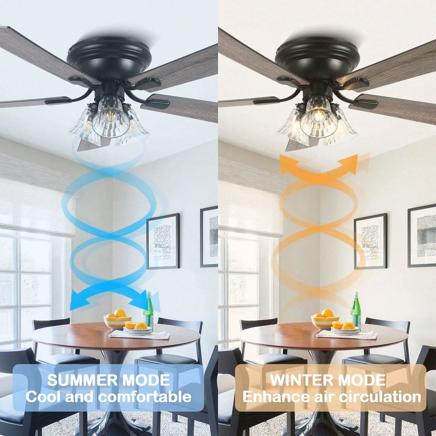 Cusp Barn 52 Inch Traditional Indoor Ceiling Fan with Remote Control, Vintage Clear Glass Shade Chandelier, Low Profile Flush Mount Reversible Ceiling Fan for Bedroom