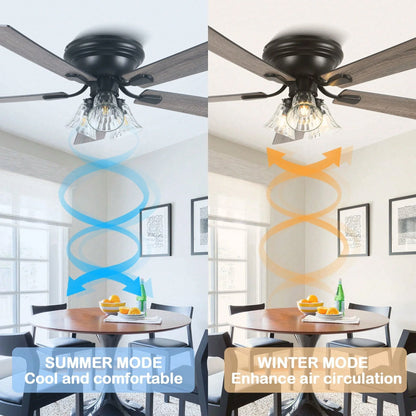 Cusp Barn 52 Inch Traditional Indoor Ceiling Fan with Remote Control, Vintage Clear Glass Shade Chandelier, Low Profile Flush Mount Reversible Ceiling Fan for Bedroom