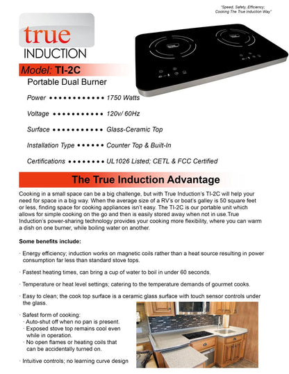 True Induction TI-2C Protable UL1026 Certified, 23-inch Dual Induction Cooktop 1750W Glass-Ceramic Top with FREE Carrying Bag & 2 Silicone Mats