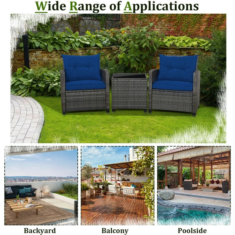 Kadyn Outdoor Seating Sets,Garden Conversation Sets,3 Pieces Outdoor Wicker Conversation Set with Tempered Glass Tabletop-Navy