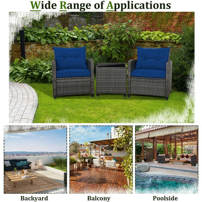 Kadyn Outdoor Seating Sets,Garden Conversation Sets,3 Pieces Outdoor Wicker Conversation Set with Tempered Glass Tabletop-Navy