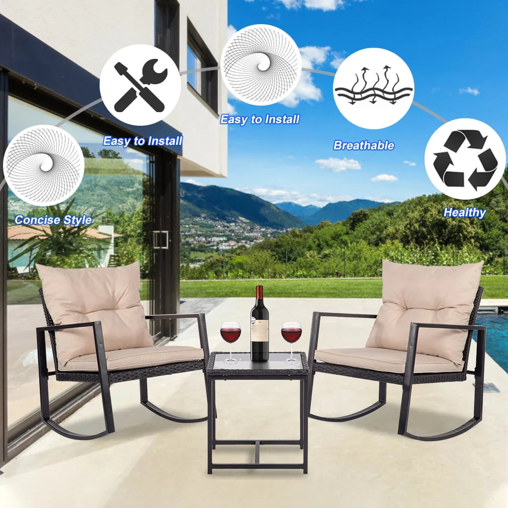 FDW 3 Pieces Wicker Outdoor Set with a High-Quality Tempered Glass Coffee Table, Black, steel, 2