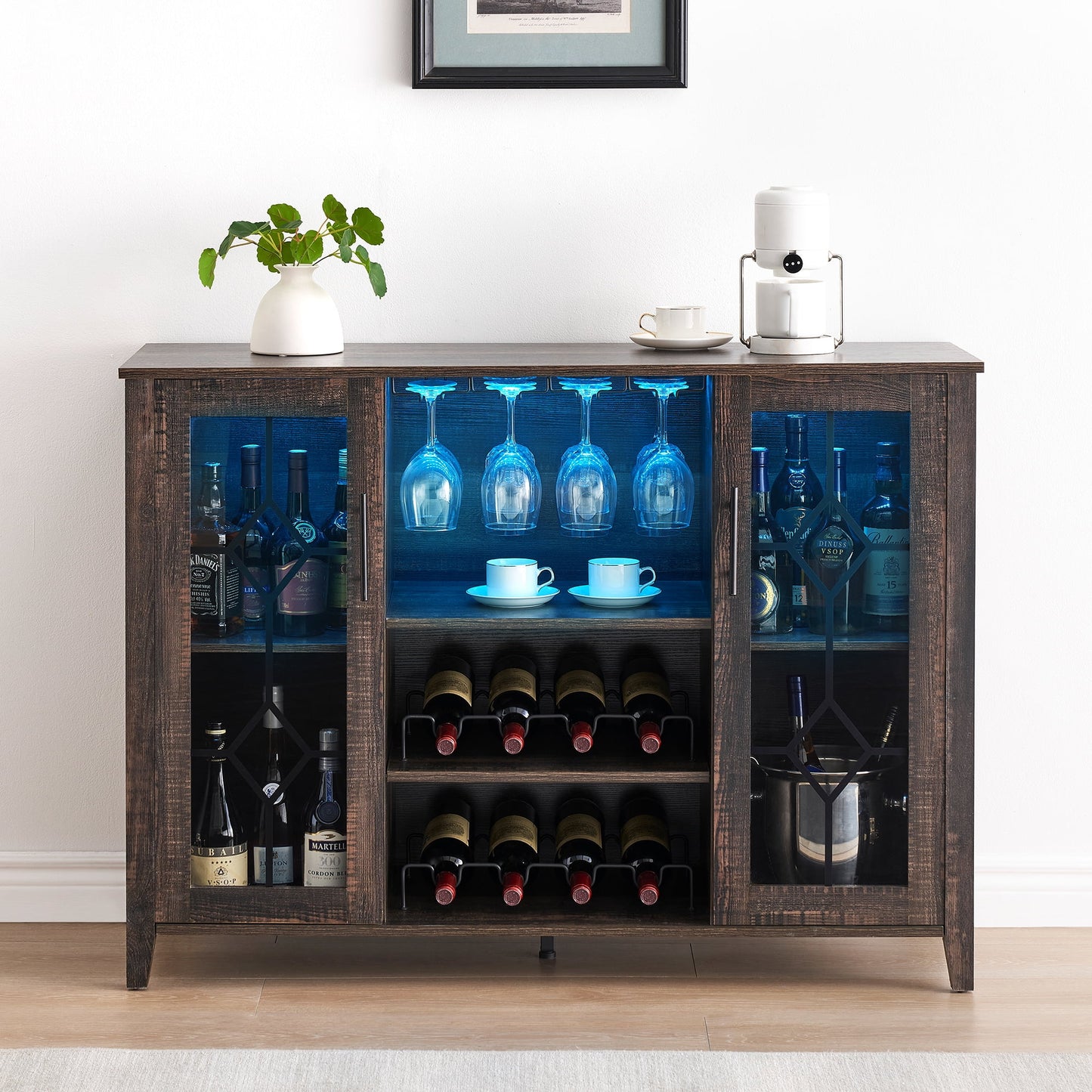 Garvee Farmhouse Wine Bar Cabinet with LED Lights, Coffee Bar Cabinet with Wine and Glasses Rack, Buffet Sideboard with Storage, Liquor Cabinet for Bar, Kitchen, Dining Room, Dark Oak