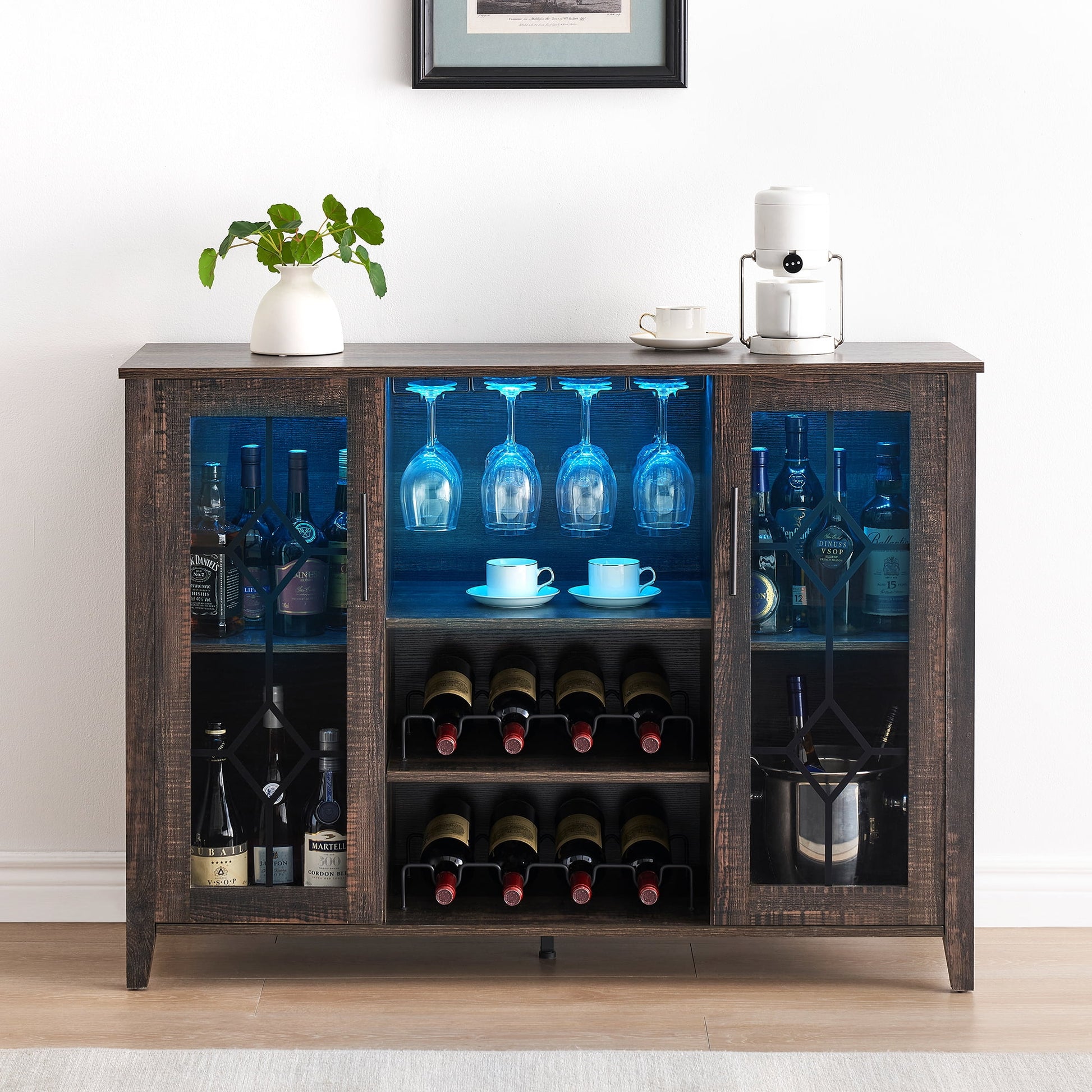 Garvee Farmhouse Wine Bar Cabinet with LED Lights, Coffee Bar Cabinet with Wine and Glasses Rack, Buffet Sideboard with Storage, Liquor Cabinet for Bar, Kitchen, Dining Room, Dark Oak