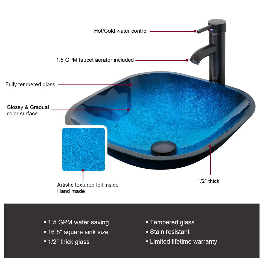 Eclife 24"W x 20"D x 32"H Classical Bathroom Vanity Vessel Sink Set with Faucet, Mirror White Vanity and Ocean Blue Square Glass Sink Pop up Drain Combo