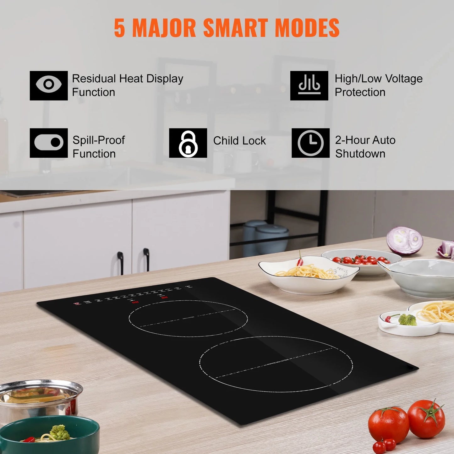 KFFKFF 12'' Built-in Induction Electric Stove Top ,2 Burners Multifunctional Burner Electric Cooktop,9 Heating Level & Sensor Touch Control, Easy to Clean Ceramic Glass Surface