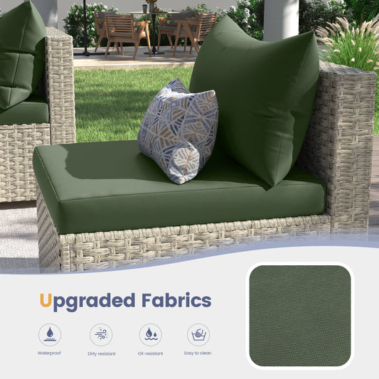 Techmilly 5 Pieces Patio Sectional Sofa PE Rattan Wicker Conversation Sets with Cushions and Glass Table(Green)