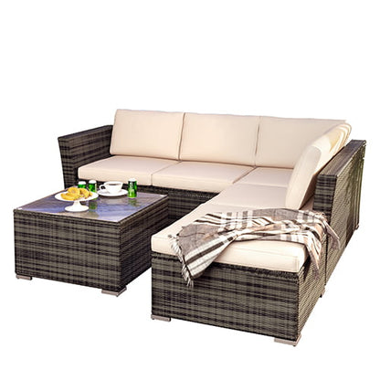Rattan Patio Sofa Set, 4 Pieces Outdoor Sectional Furniture Set, All-Weather PE Rattan Wicker Patio Conversation Set, Cushioned Sofa Set with Glass Table & Pillows for Patio Garden Poolside Deck, B626