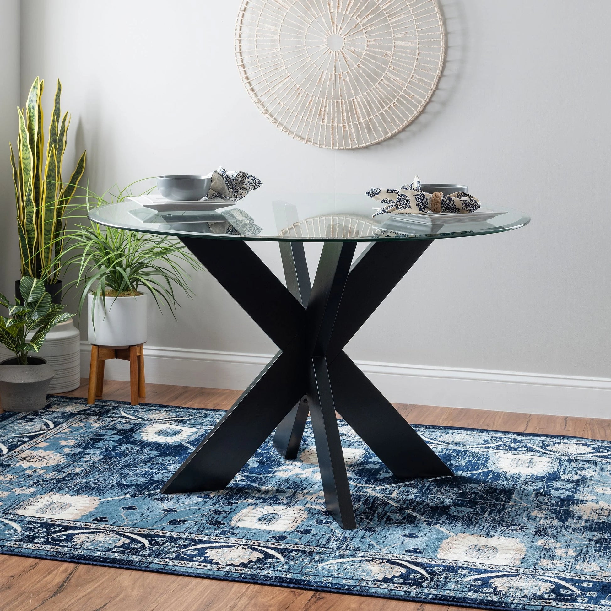 Powell Augusta Wood X-Base Dining Table with Glass Top, Black