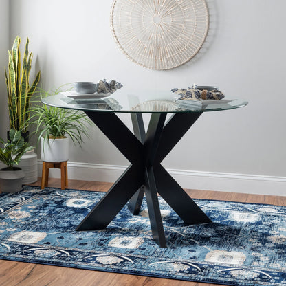 Powell Augusta Wood X-Base Dining Table with Glass Top, Black