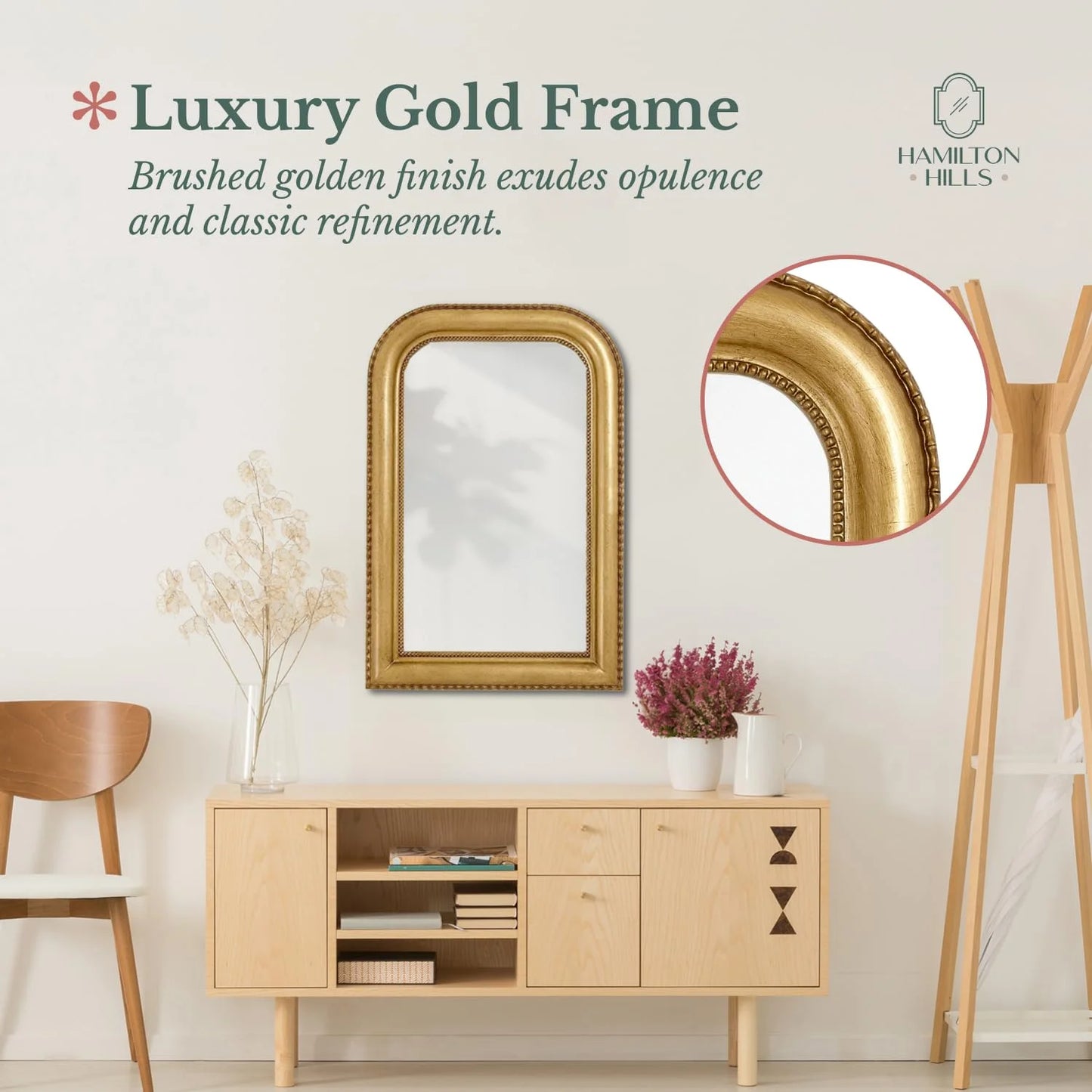 Hamilton Hills 36" x 24" Classic Gold Framed Polished Glass Top Round Corner Mirror - Thick Arched Top Rich Wall Mirror - Vanity for Bathroom Decor, Bedroom, Living Room - Hangs Horizontal or Vertica