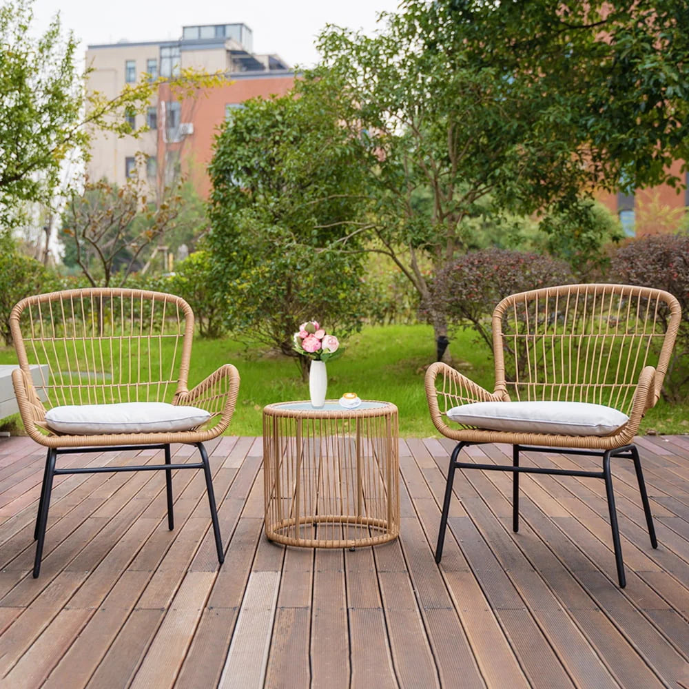 Outdoor Bistro Sets, 3 Piece Natural Color Wicker Chairs Set, Cushioned Patio Conversation Chairs Sets with 2 Armchairs and Tempered Glass Coffee Table, for Yard, Deck, Poolside, D7829