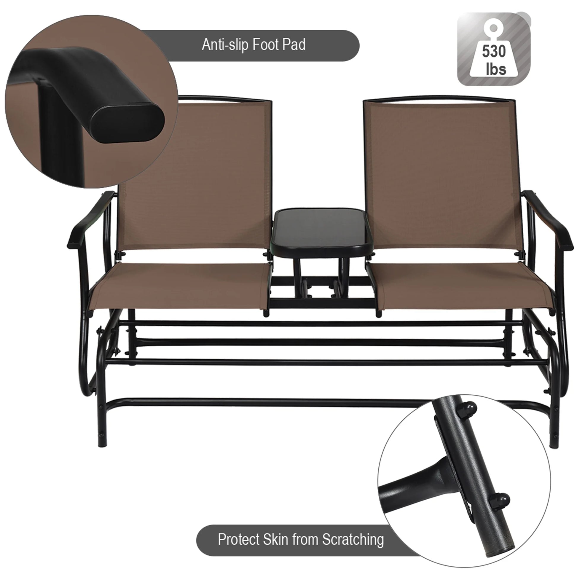 Gymax Patio 2-Person Glider Rocking Char Loveseat Garden w/Tempered Glass Table Brown
