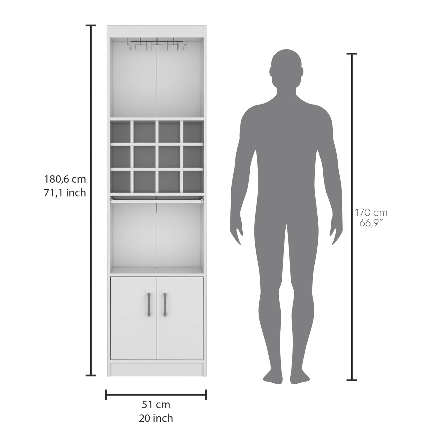 Royard Oaktree 71.1" Tall Bar Cabinet with 12-bottle Cubbies and Glass Holder, Freestanding Liquor Cabinet with Doors, Stemware Rack, Shelves, and Pull Out Tray for Living Room, Kitchen, White