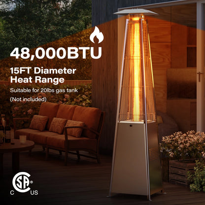 LAUSAINT HOME 87'' Tall Pyramid Patio Heater with Wheels, Glass Tube Flame Heating 48000 BTU & Dust Cover